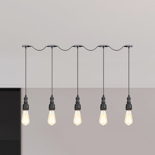 Vintage Iron Pendant Lamp With Exposed Bulbs - 5/7 Lights Black Finish Tandem Multi Hanging Fixture