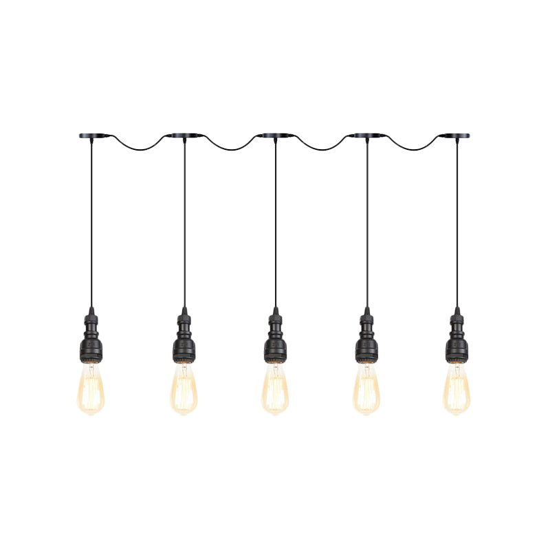 Vintage Iron Restaurant Pendant Lamp - Exposed Bulb - Black Finish - 5/7 Lights - Tandem Multi-Hanging Light Fixture