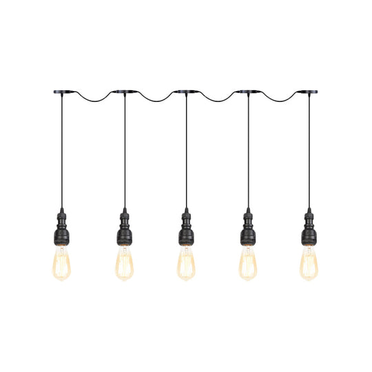 Vintage Iron Restaurant Pendant Lamp - Exposed Bulb - Black Finish - 5/7 Lights - Tandem Multi-Hanging Light Fixture