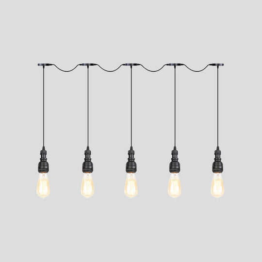 Vintage Iron Restaurant Pendant Lamp - Exposed Bulb - Black Finish - 5/7 Lights - Tandem Multi-Hanging Light Fixture