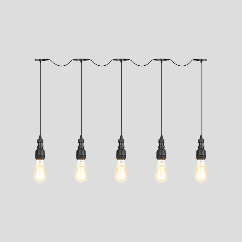 Vintage Iron Pendant Lamp With Exposed Bulbs - 5/7 Lights Black Finish Tandem Multi Hanging Fixture