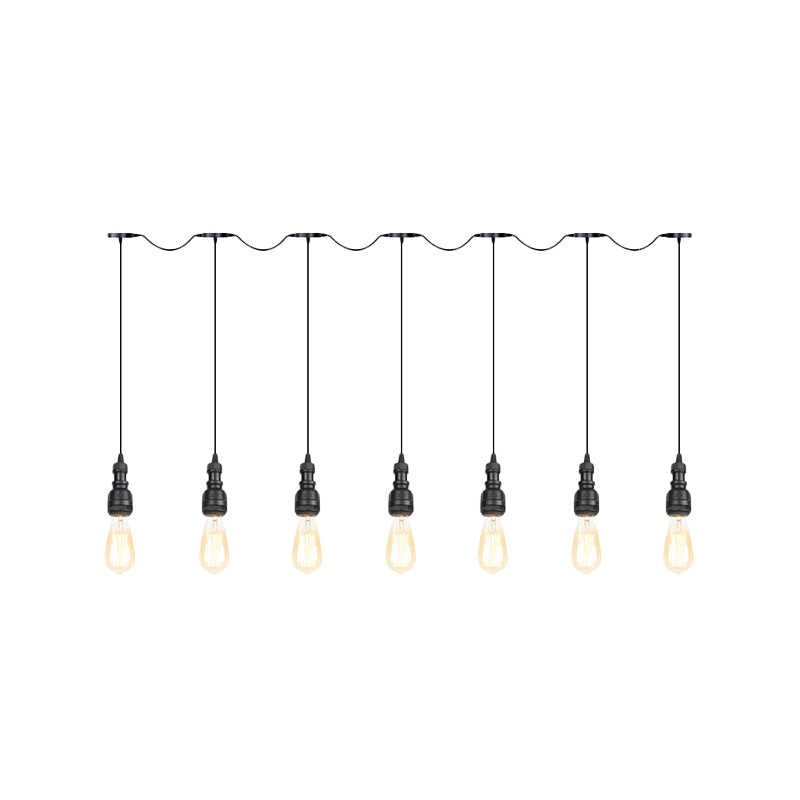 Vintage Iron Restaurant Pendant Lamp - Exposed Bulb - Black Finish - 5/7 Lights - Tandem Multi-Hanging Light Fixture