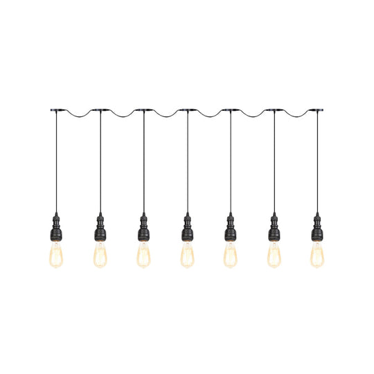 Vintage Iron Restaurant Pendant Lamp - Exposed Bulb - Black Finish - 5/7 Lights - Tandem Multi-Hanging Light Fixture