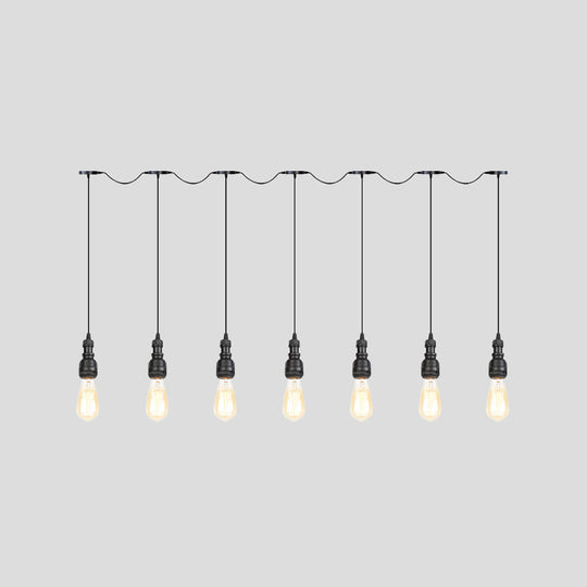 Vintage Iron Restaurant Pendant Lamp - Exposed Bulb - Black Finish - 5/7 Lights - Tandem Multi-Hanging Light Fixture