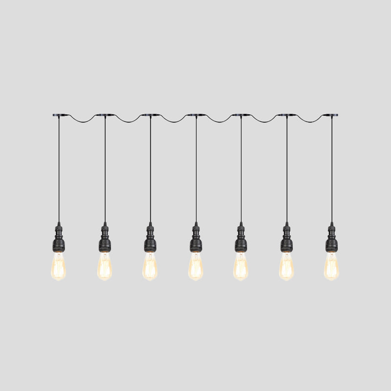 Vintage Iron Pendant Lamp With Exposed Bulbs - 5/7 Lights Black Finish Tandem Multi Hanging Fixture