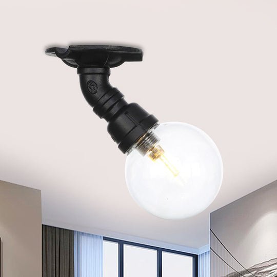 Industrial Orb Clear Glass Semi Flush Ceiling Fixture with 1 Bulb in Black