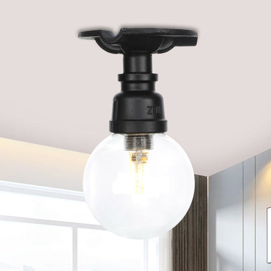 Industrial Orb Clear Glass Semi Flush Ceiling Fixture with 1 Bulb in Black