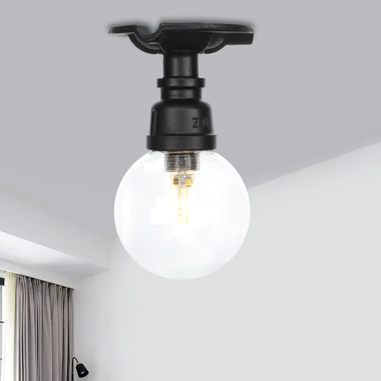 Industrial Orb Clear Glass Semi Flush Ceiling Fixture with 1 Bulb in Black