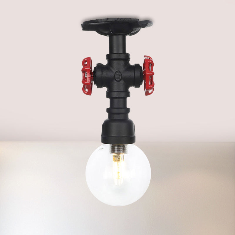 Industrial Orb Clear Glass Semi Flush Ceiling Fixture with 1 Bulb in Black