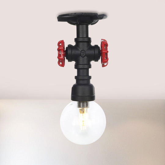 Industrial Orb Clear Glass Semi Flush Ceiling Fixture With 1 Bulb In Black / C