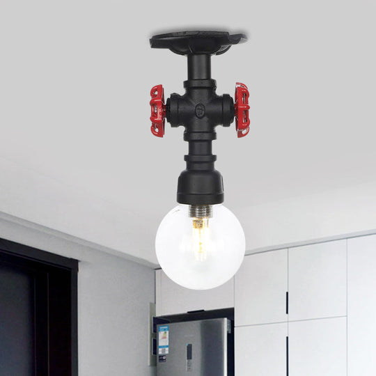 Industrial Orb Clear Glass Semi Flush Ceiling Fixture with 1 Bulb in Black