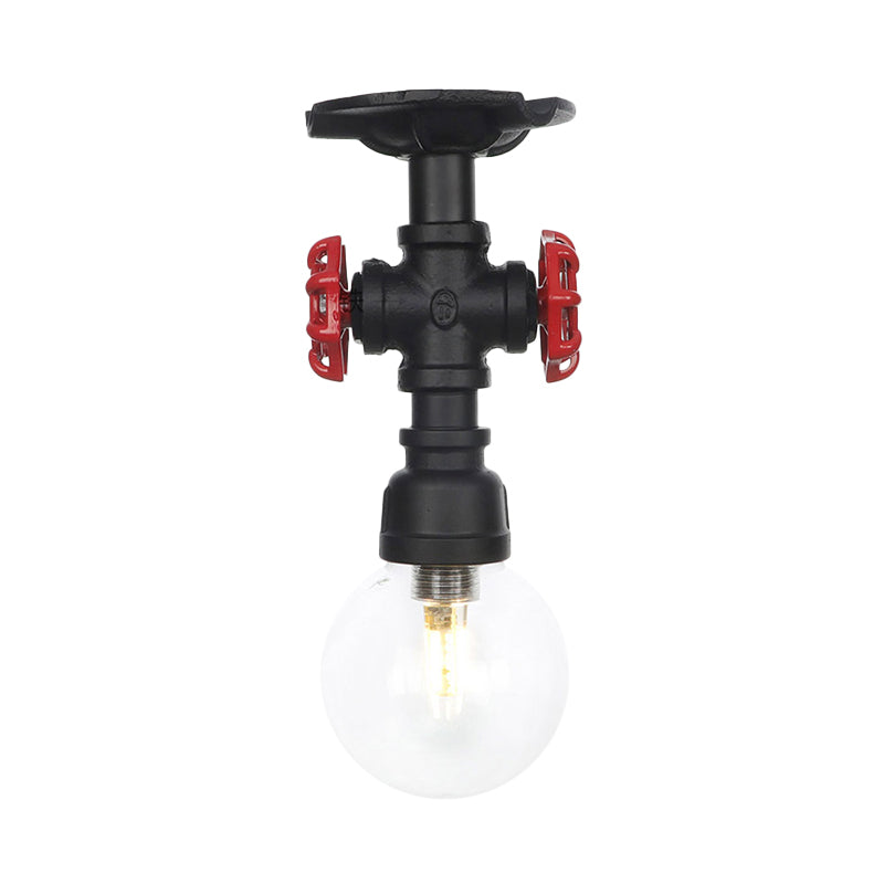 Industrial Orb Clear Glass Semi Flush Ceiling Fixture with 1 Bulb in Black