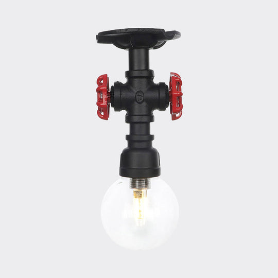 Industrial Orb Clear Glass Semi Flush Ceiling Fixture with 1 Bulb in Black