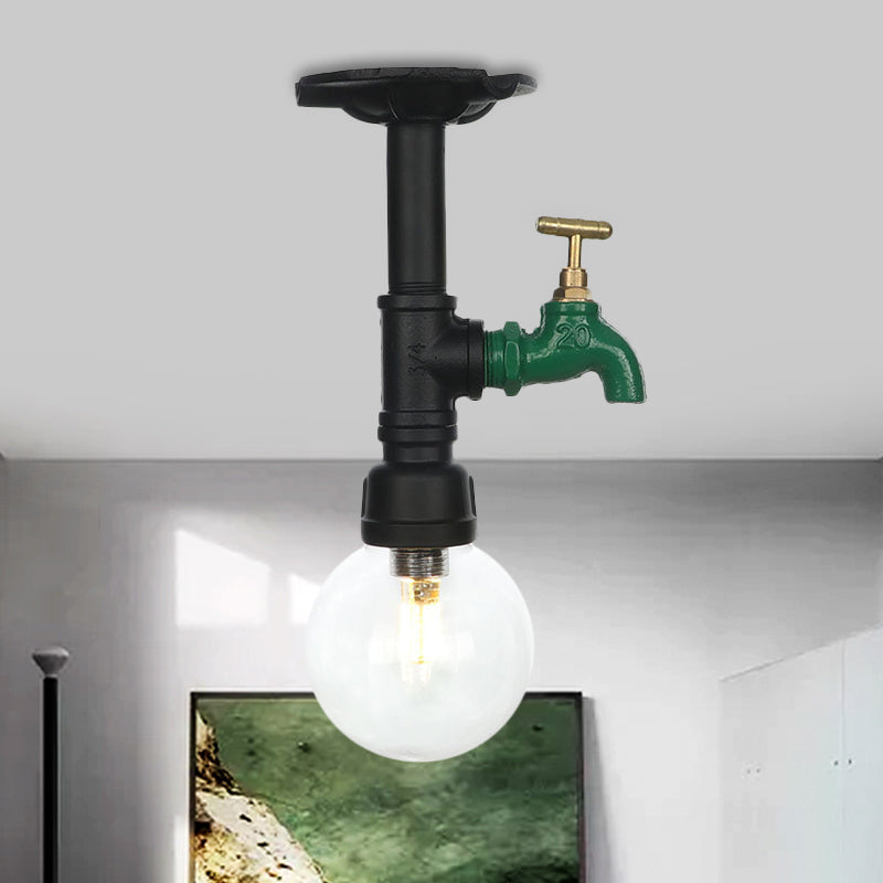 Industrial Orb Clear Glass Semi Flush Ceiling Fixture with 1 Bulb in Black