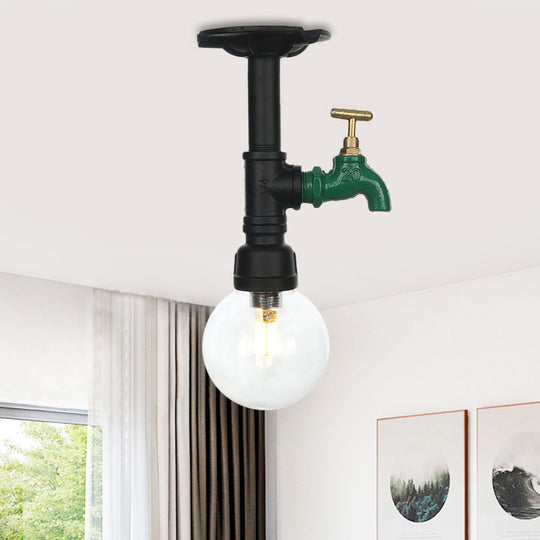 Industrial Orb Clear Glass Semi Flush Ceiling Fixture with 1 Bulb in Black