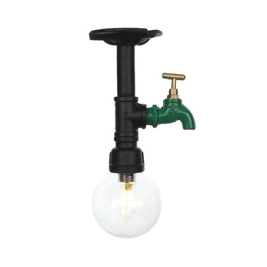 Industrial Orb Clear Glass Semi Flush Ceiling Fixture with 1 Bulb in Black