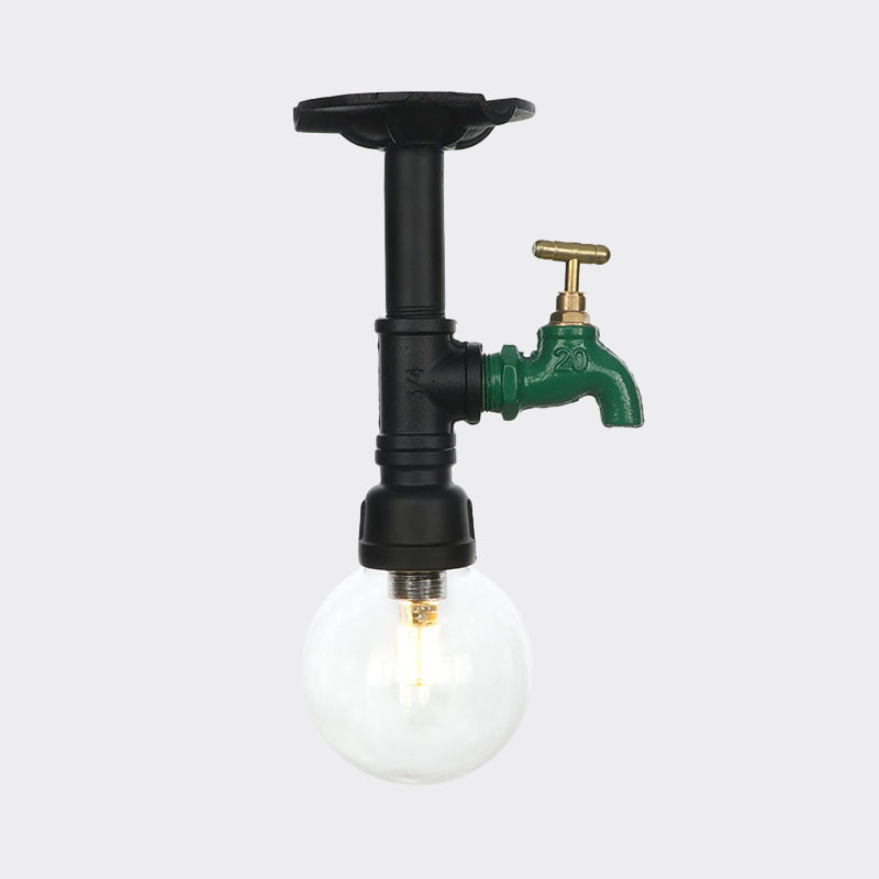 Industrial Orb Clear Glass Semi Flush Ceiling Fixture with 1 Bulb in Black