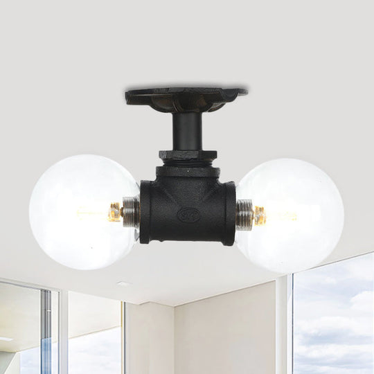 Antiqued Black Semi Mount Lighting with Clear Glass - 2-Light Sphere Flush Mounted Lamp