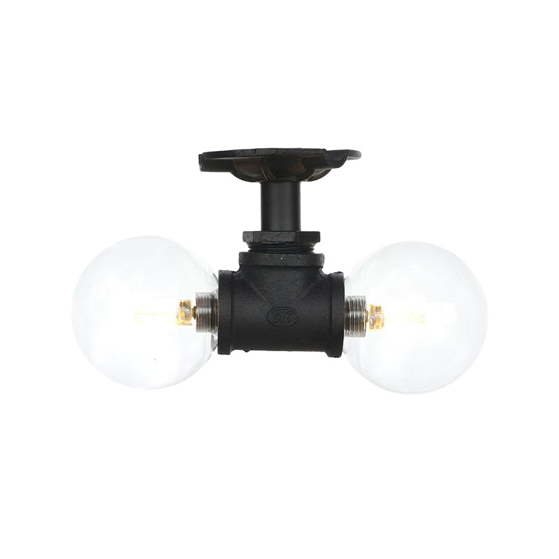 Antiqued Black Semi Mount Lighting with Clear Glass - 2-Light Sphere Flush Mounted Lamp