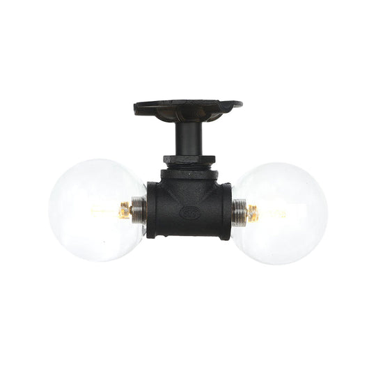 Antiqued Black Semi Mount Lighting with Clear Glass - 2-Light Sphere Flush Mounted Lamp