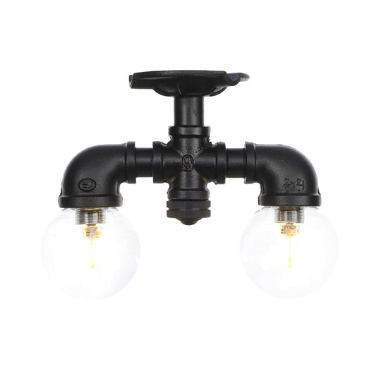 Antiqued Black Semi Mount Lighting with Clear Glass - 2-Light Sphere Flush Mounted Lamp