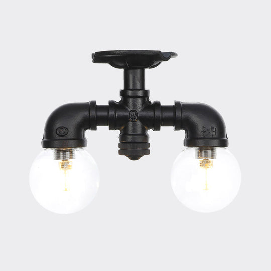 Antiqued Black Semi Mount Lighting with Clear Glass - 2-Light Sphere Flush Mounted Lamp