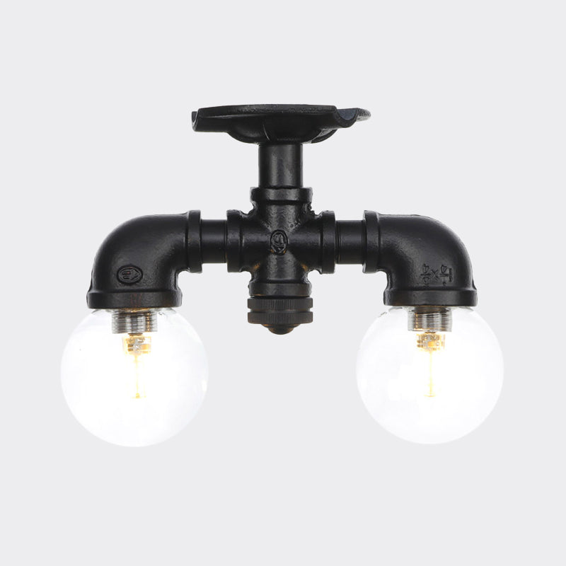 Antiqued Black Semi Mount Lighting With Clear Glass - 2-Light Sphere Flush Mounted Lamp