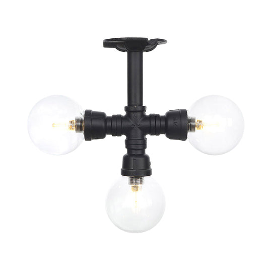 Industrial Orb Semi-Flush Clear Glass LED Lights in Black