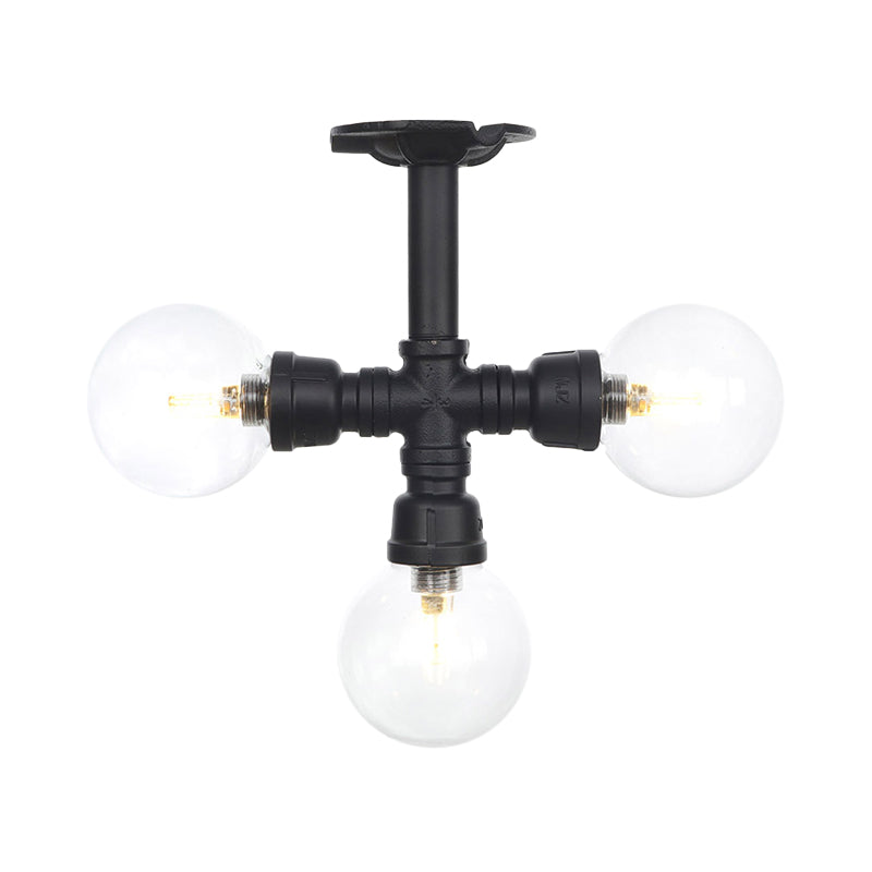 Industrial Orb Semi-Flush Clear Glass Led Lights In Black