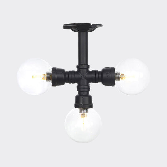 Industrial Orb Semi-Flush Clear Glass LED Lights in Black