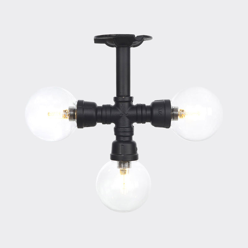 Industrial Orb Semi-Flush Clear Glass Led Lights In Black