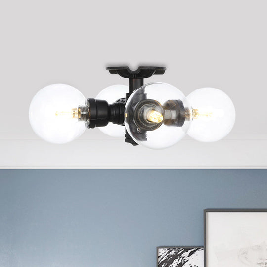 Industrial Orb Semi-Flush Clear Glass LED Lights in Black