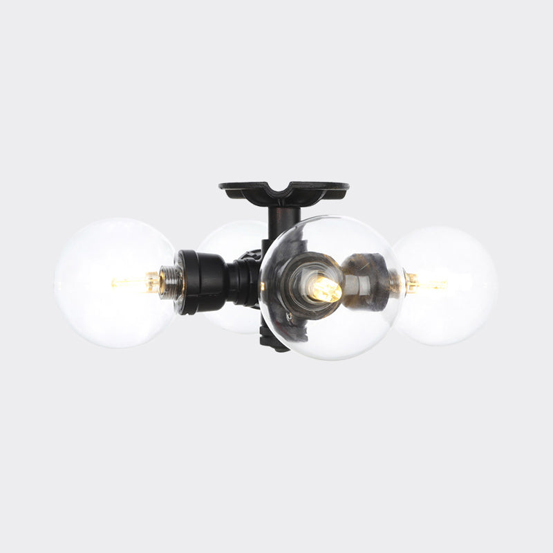 Industrial Orb Semi-Flush Clear Glass LED Lights in Black