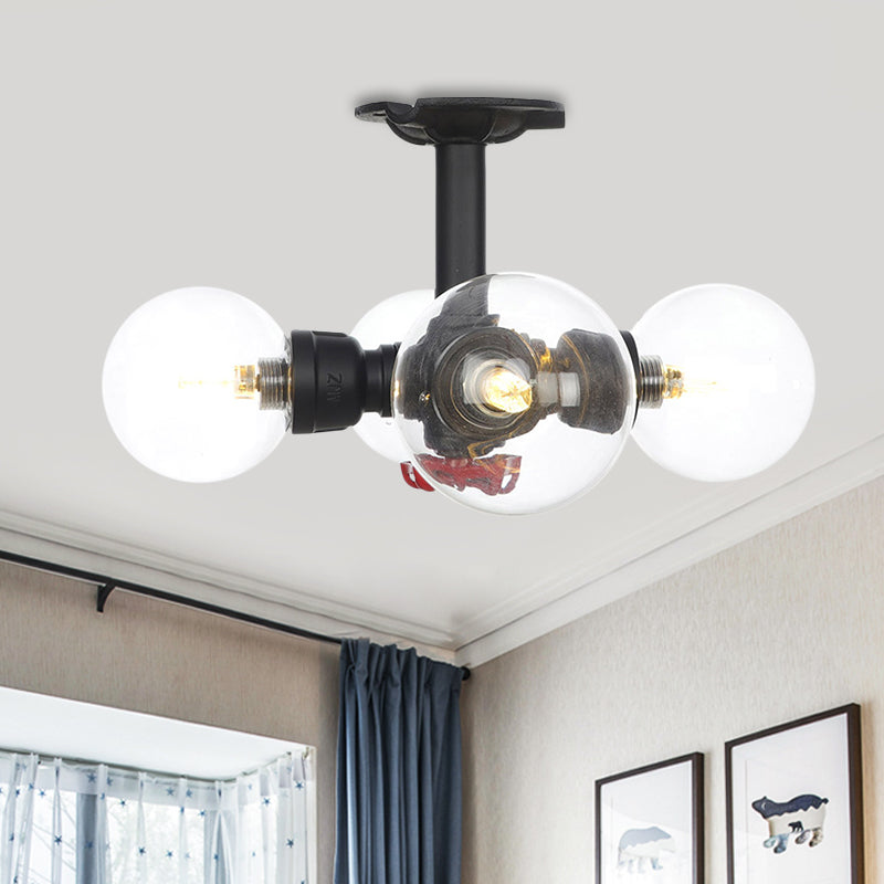 Industrial Orb Semi-Flush Clear Glass LED Lights in Black