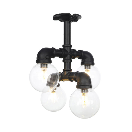 Antiqued Clear Glass Ball LED Semi Flushmount Lighting with 4/5/6 Heads in Black