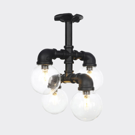 Antiqued Clear Glass Ball LED Semi Flushmount Lighting with 4/5/6 Heads in Black