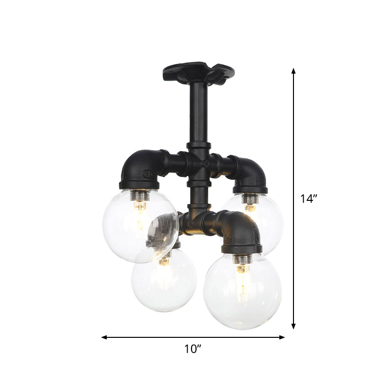 Antiqued Clear Glass Ball LED Semi Flushmount Lighting with 4/5/6 Heads in Black