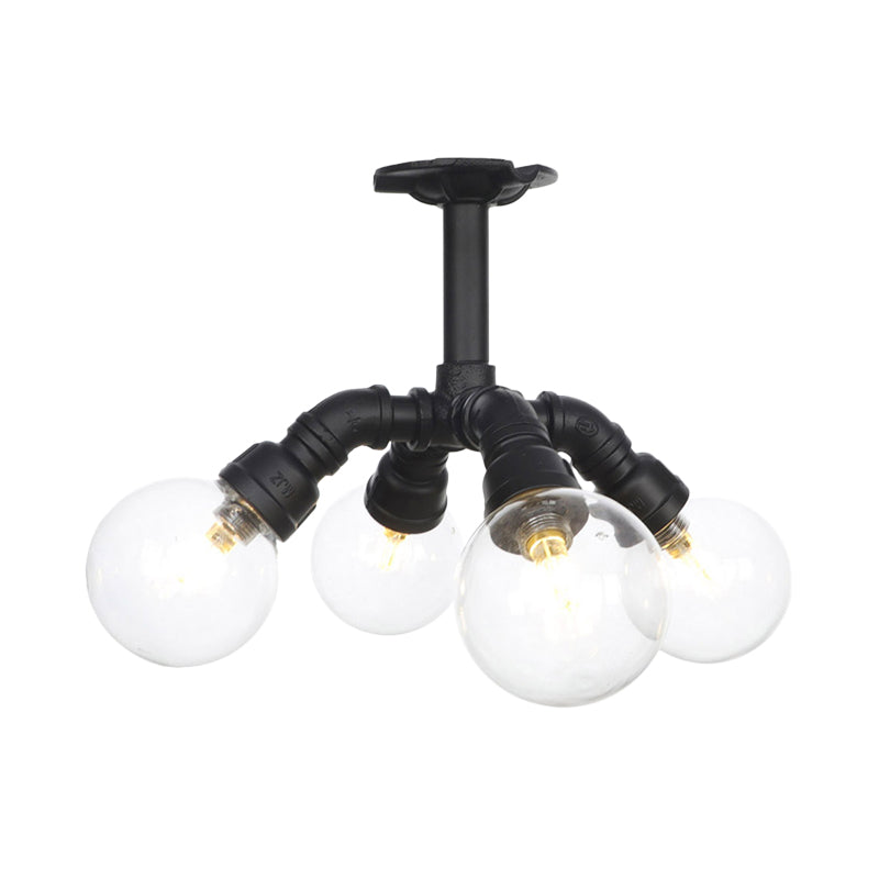 Antiqued Clear Glass Ball LED Semi Flushmount Lighting with 4/5/6 Heads in Black