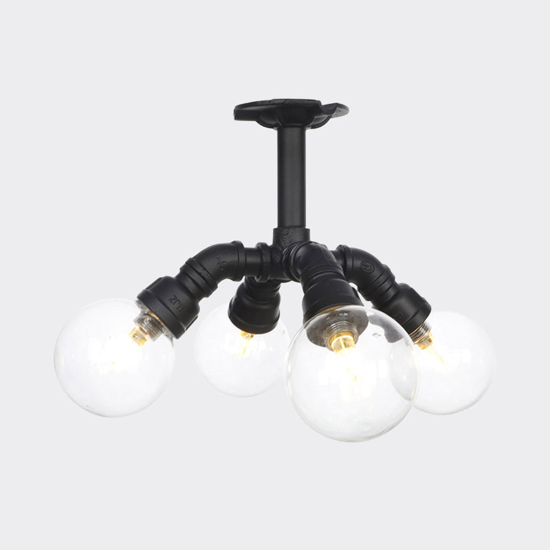 Antiqued Clear Glass Ball LED Semi Flushmount Lighting with 4/5/6 Heads in Black