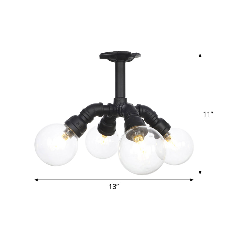 Antiqued Clear Glass Ball LED Semi Flushmount Lighting with 4/5/6 Heads in Black