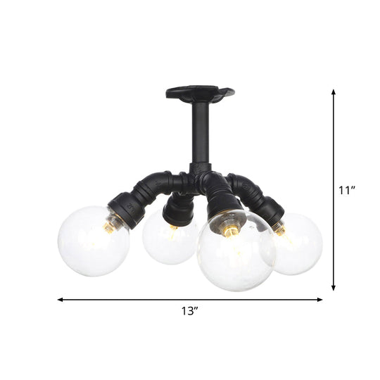 Antiqued Clear Glass Ball LED Semi Flushmount Lighting with 4/5/6 Heads in Black