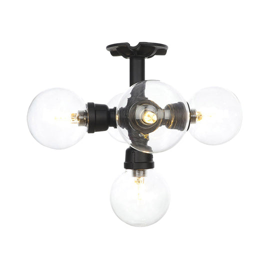 Antiqued Clear Glass Ball LED Semi Flushmount Lighting with 4/5/6 Heads in Black