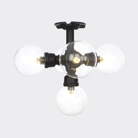 Antiqued Clear Glass Ball LED Semi Flushmount Lighting with 4/5/6 Heads in Black