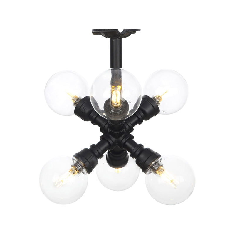 Antiqued Clear Glass Ball LED Semi Flushmount Lighting with 4/5/6 Heads in Black