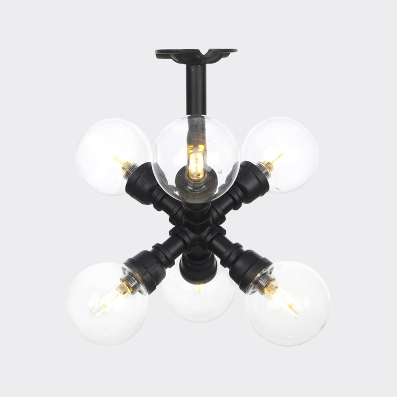 Antiqued Clear Glass Ball LED Semi Flushmount Lighting with 4/5/6 Heads in Black