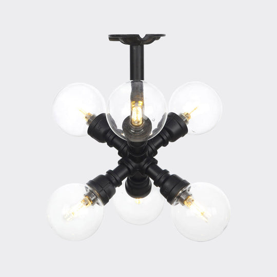 Antiqued Clear Glass Ball LED Semi Flushmount Lighting with 4/5/6 Heads in Black