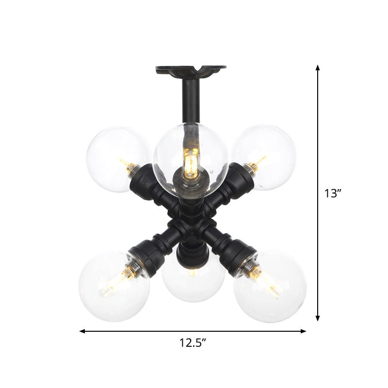 Antiqued Clear Glass Ball LED Semi Flushmount Lighting with 4/5/6 Heads in Black