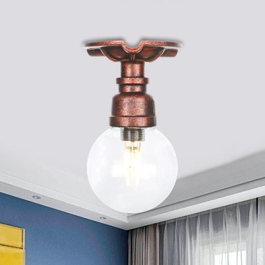 Industrial Globe Clear Glass LED Ceiling Light - Copper Finish