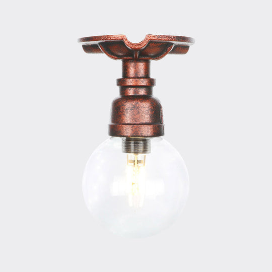 Industrial Globe Clear Glass LED Ceiling Light - Copper Finish