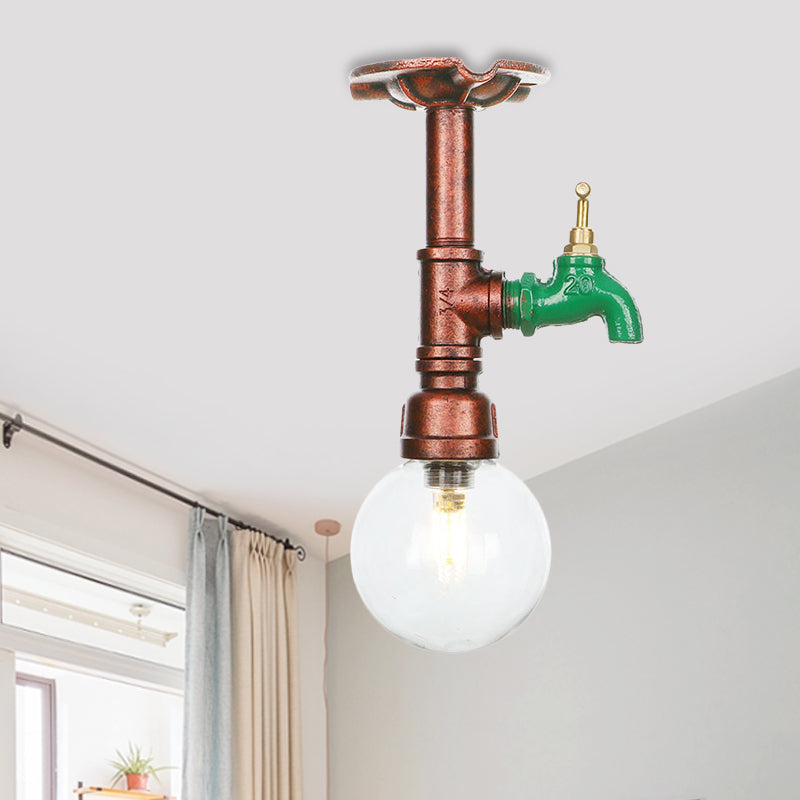 Industrial Globe Clear Glass LED Ceiling Light - Copper Finish